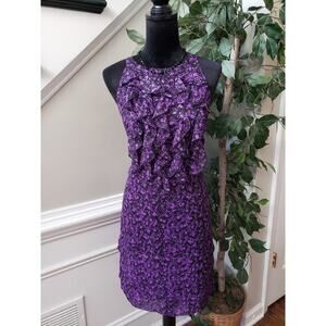 I.C.E. Sheath Dress Women 12 Purple Black Floral Lined Keyhole Back Ruffle Front